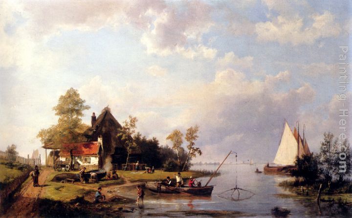 A River Landscape With A Ferry And Figures Mending A Boat painting - Hermanus Koekkoek Snr A River Landscape With A Ferry And Figures Mending A Boat art painting